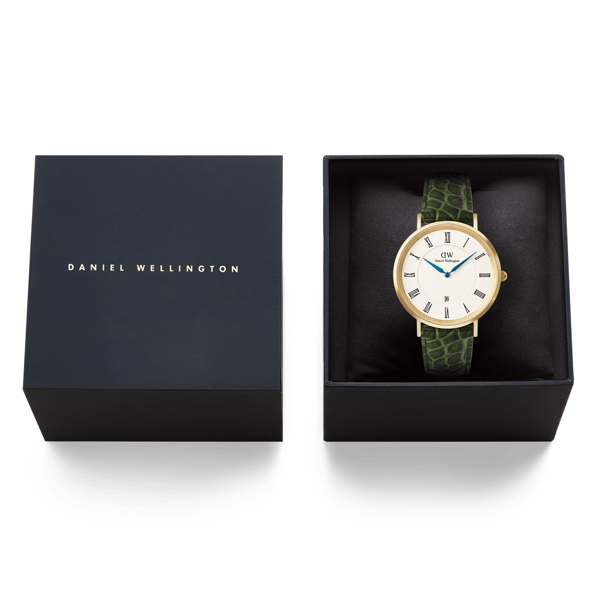 Classic Roman Numerals Date Dark Green Croc Belly Gold watch presented in its original Daniel Wellington box, showing the gold case, white dial with Roman numerals, and green crocodile-embossed leather strap.