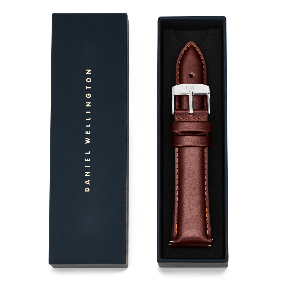 Tapered St Mawes Strap Silver presented in a premium Daniel Wellington gift box, featuring brown genuine leather with subtle stitching and a polished silver buckle.