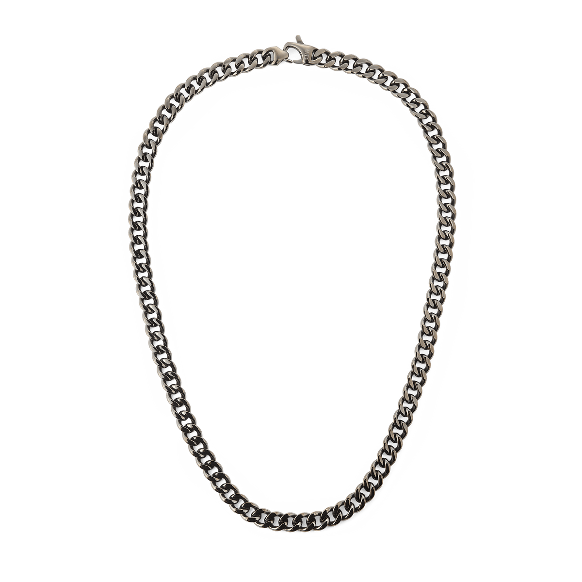 Ellipse Cuban Chain Necklace Graphite featuring chunky Cuban links and a matte graphite finish, crafted from stainless steel with a secure lobster clasp.