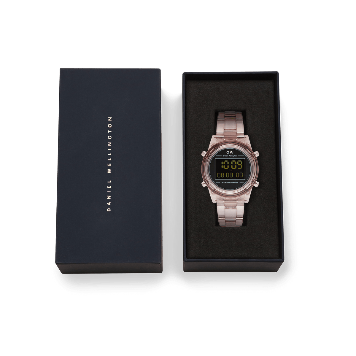 Retro Digital Dark Pink Dark Pink women’s watch with a transparent pink strap and black digital dial, presented in a Daniel Wellington gift box with minimalist black and gold branding.