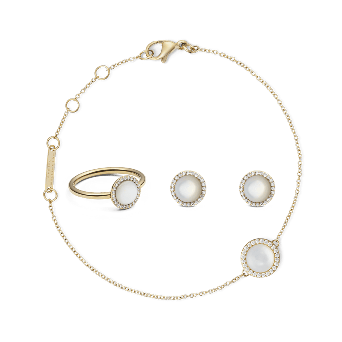 Gold jewellery set featuring a delicate bracelet, matching ring, and stud earrings, each with a round mother of pearl centre surrounded by sparkling stones for an elegant, coordinated look.