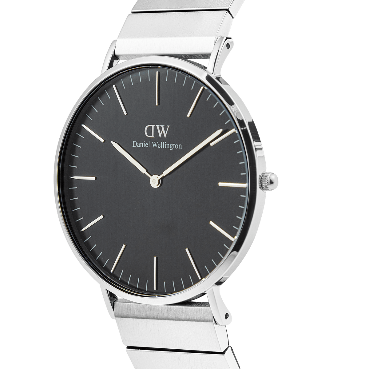 Classic Piano Link Onyx Silver men’s watch with a brushed black dial, minimalist silver hour markers, and a geometric silver stainless steel strap, shown from a side angle.