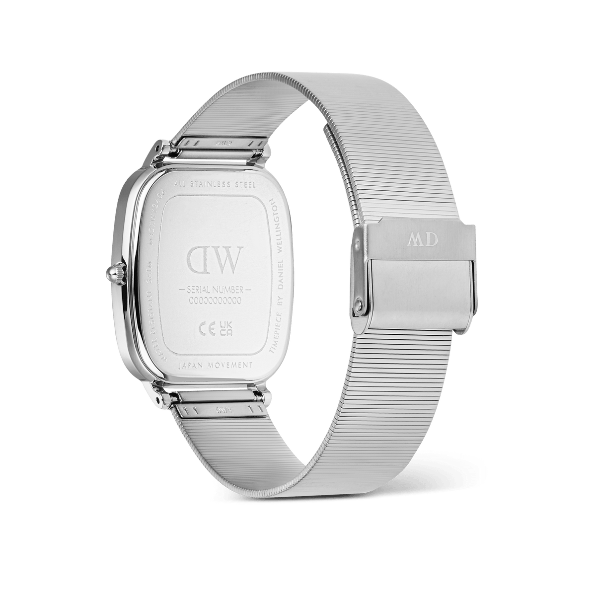 Back view of the Marlon Wire Linen Silver men’s watch showing the engraved stainless steel case, adjustable silver mesh strap with clasp, and detailed branding.