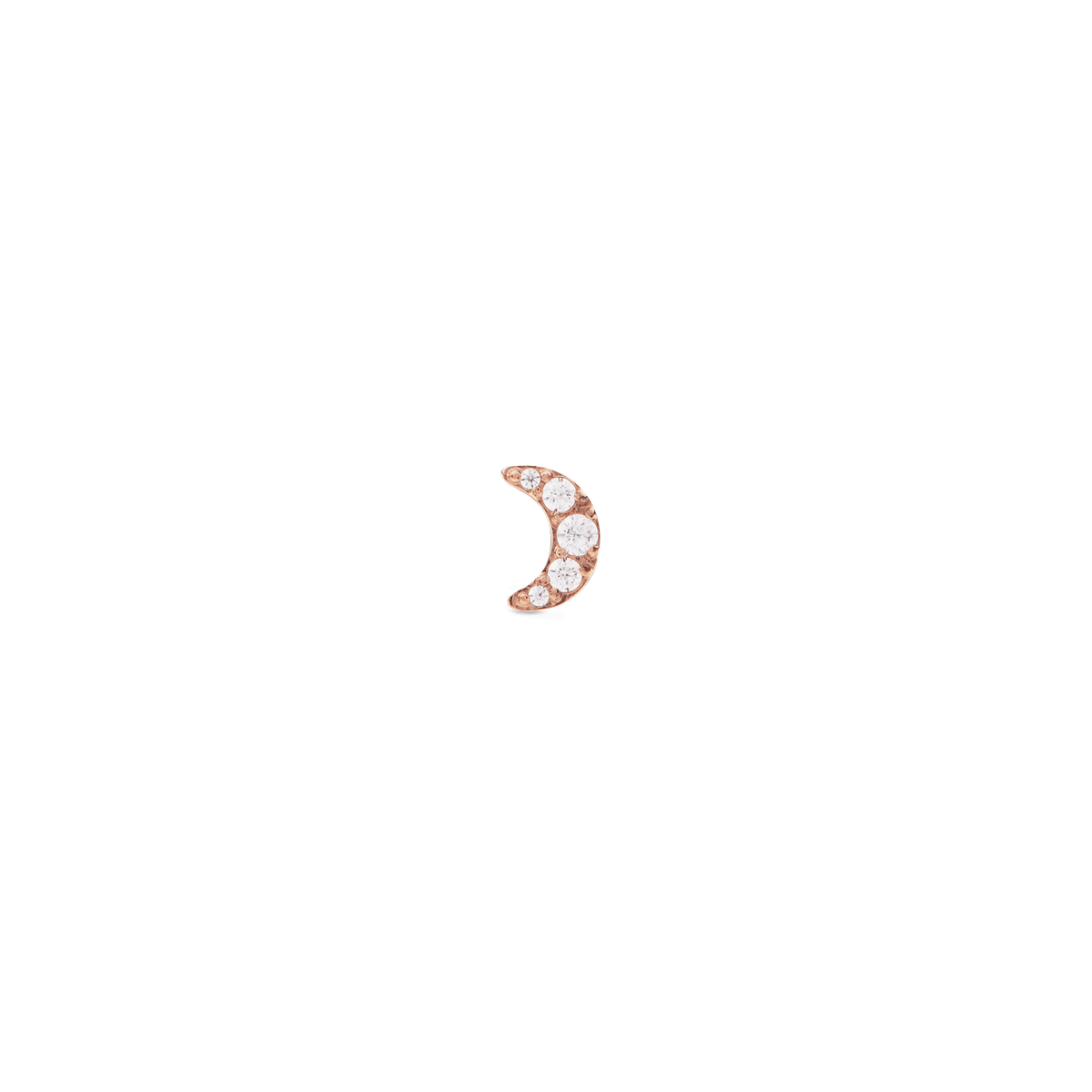 Crystal Moon Stud Rose Gold earring in a crescent shape, featuring sparkling cubic zirconia crystals set in rose gold, shown against a plain background.
