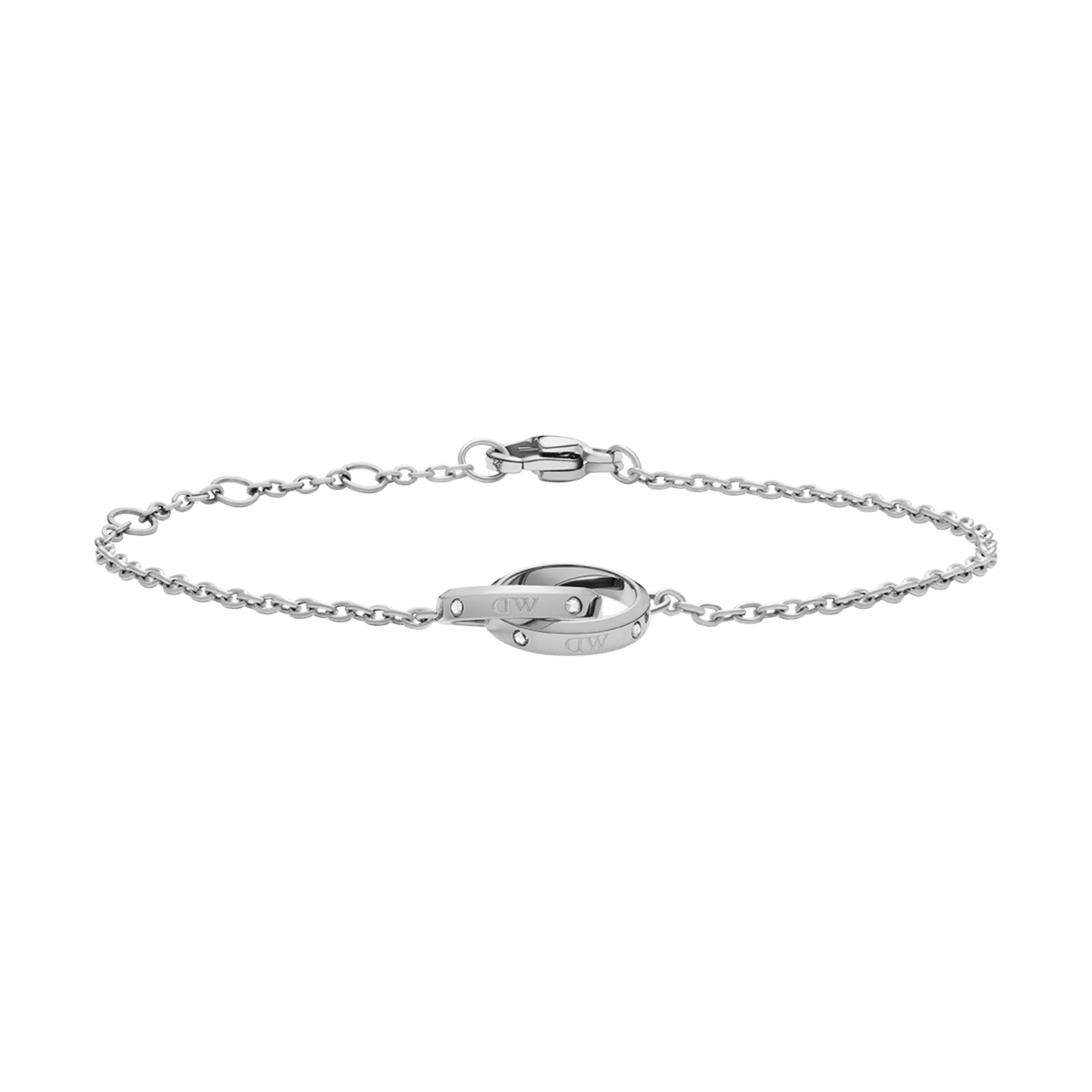 Classic Unity Lumine Silver bracelet featuring intertwined rings, subtle crystal accents, and a fine adjustable chain in polished stainless steel, designed for a refined and minimalist look.