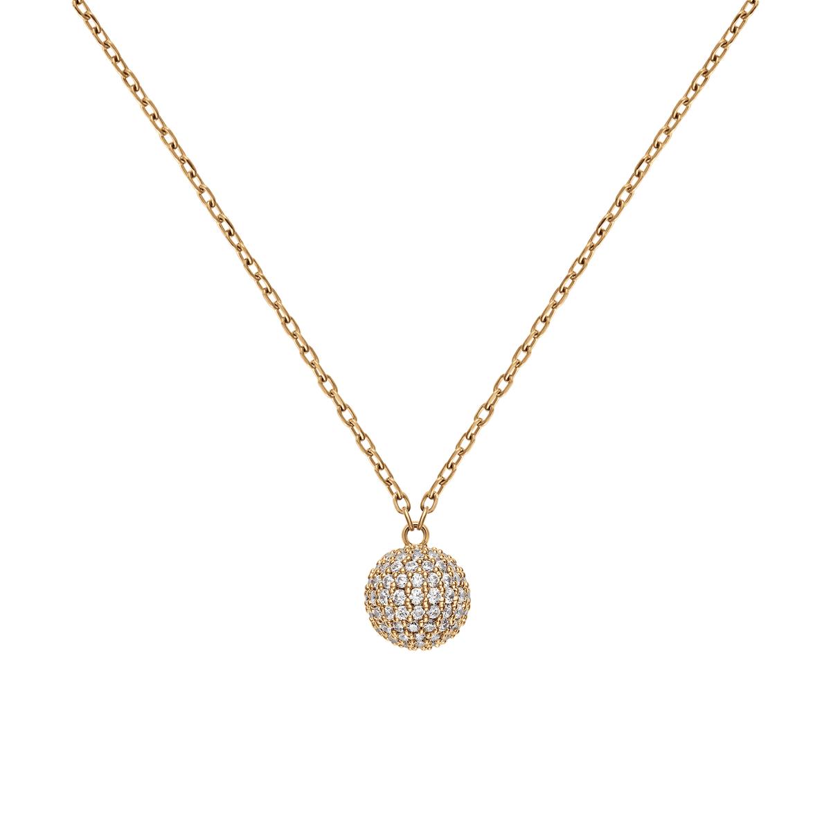 Close-up of the Pavé Crystal Pendant Necklace Gold, showing the gold chain and sphere-shaped pendant covered in sparkling cubic zirconia crystals for a sophisticated, minimalist look.