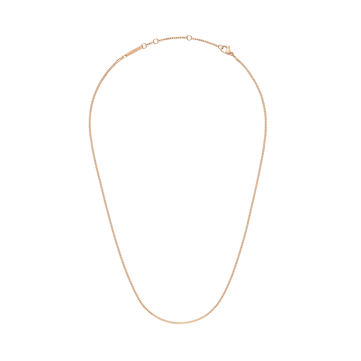 Box Chain Necklace RG in rose gold, featuring a slim, adjustable box chain design with a secure clasp, crafted from stainless steel and finished with PVD plating for lasting shine.
