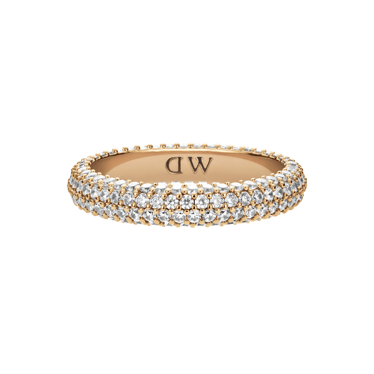Pavé Crystal Ring Gold with three rows of sparkling cubic zirconia crystals set on a gold plated brass band, featuring a classic and elegant design suitable for women.