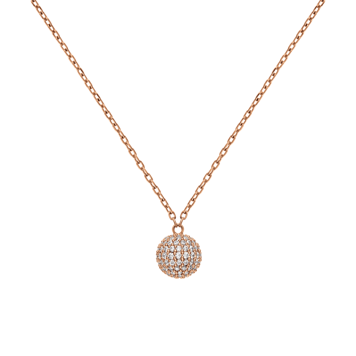 Rose gold Pavé Crystal Pendant Necklace featuring a fine chain and a sparkling pavé sphere pendant set with cubic zirconia crystals, designed for a refined and modern look.