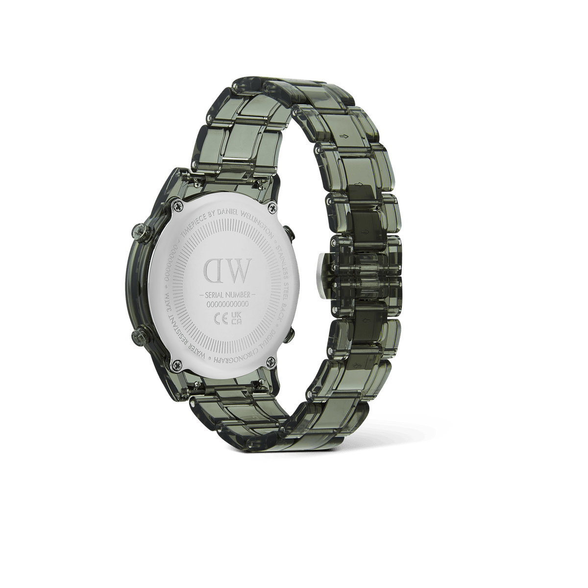 Back view of the Retro Digital Dark Green watch showing the engraved stainless steel case and transparent dark green link bracelet, highlighting its durable and eco-friendly materials.