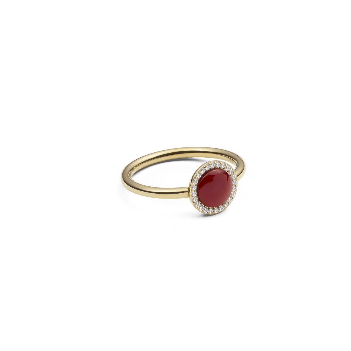 Audrey Ring Red Agathe Gold featuring a slim gold band with a domed red agate stone at the centre, surrounded by a halo of sparkling white cubic zirconia crystals.