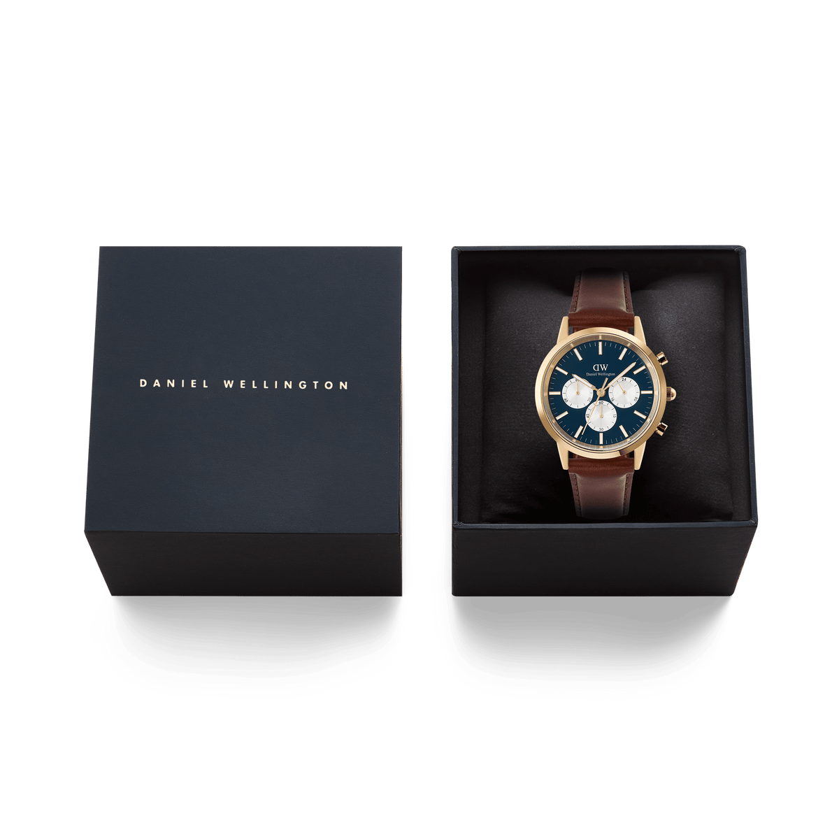 Iconic Chronograph St Mawes Arctic Panda Gold watch with a gold case, blue panda dial, and brown leather strap, elegantly presented in a black Daniel Wellington gift box.