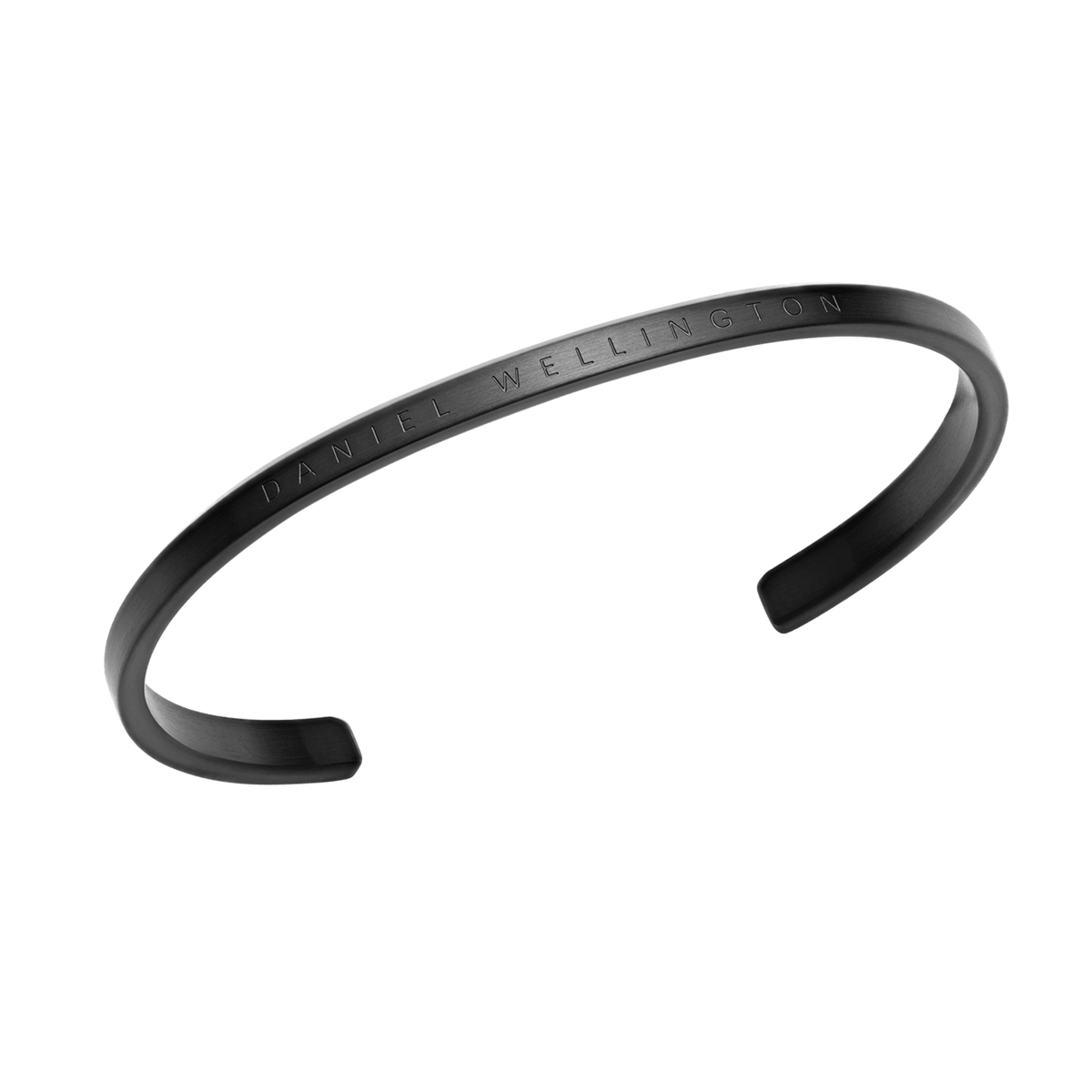 Classic Bracelet in matte black stainless steel with engraved Daniel Wellington branding, featuring a curved open cuff design and minimalist style for men and women.