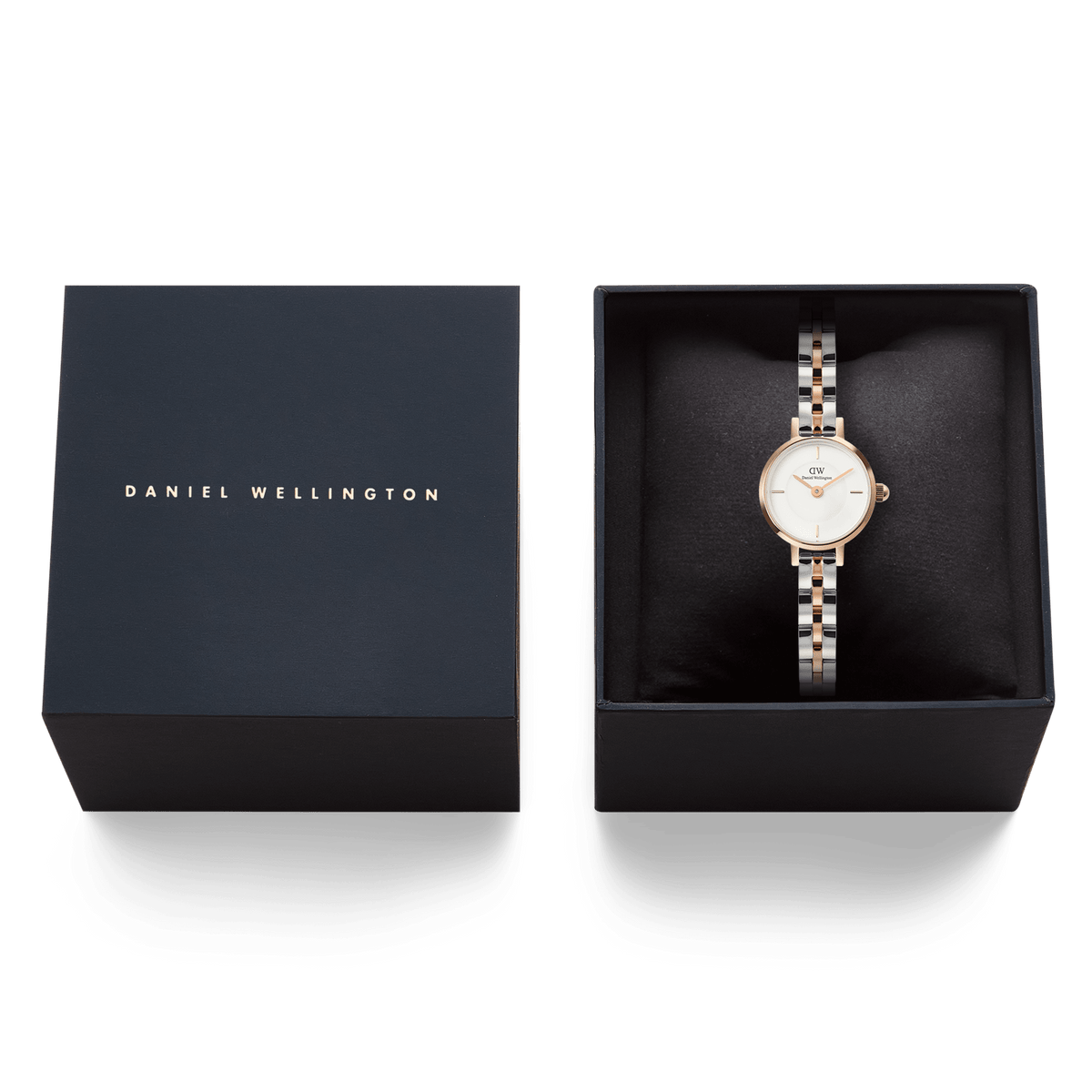 Petite Mini Arch 3-Link Two Tone Rose Gold watch presented in a black Daniel Wellington gift box, highlighting its elegant two tone bracelet and minimalist white dial.
