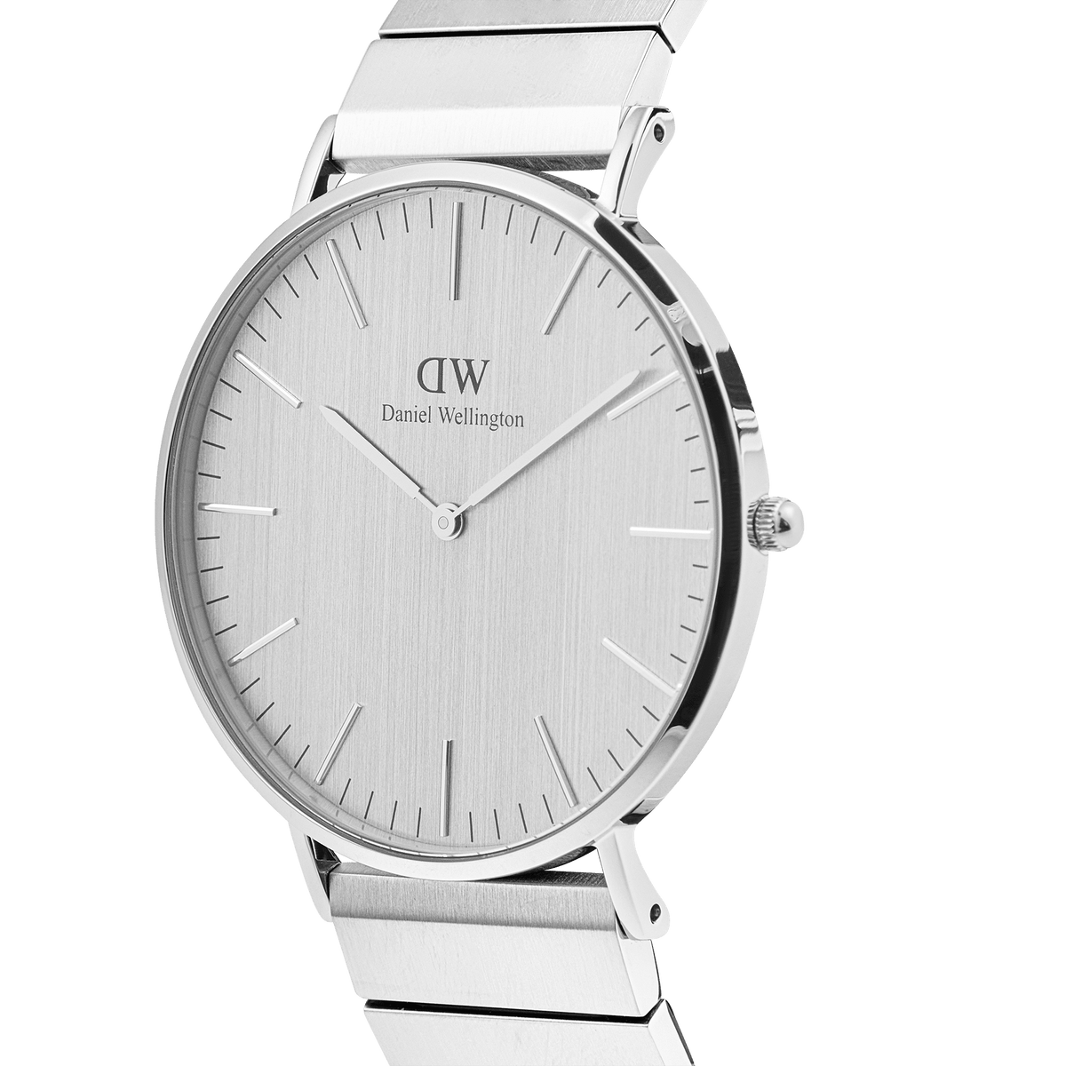 Classic Piano Link Silver Unitone men's watch with a brushed silver 40mm dial, minimalist hour markers, and a stainless steel piano link bracelet, shown from a side angle to highlight its slim profile and polished finish.