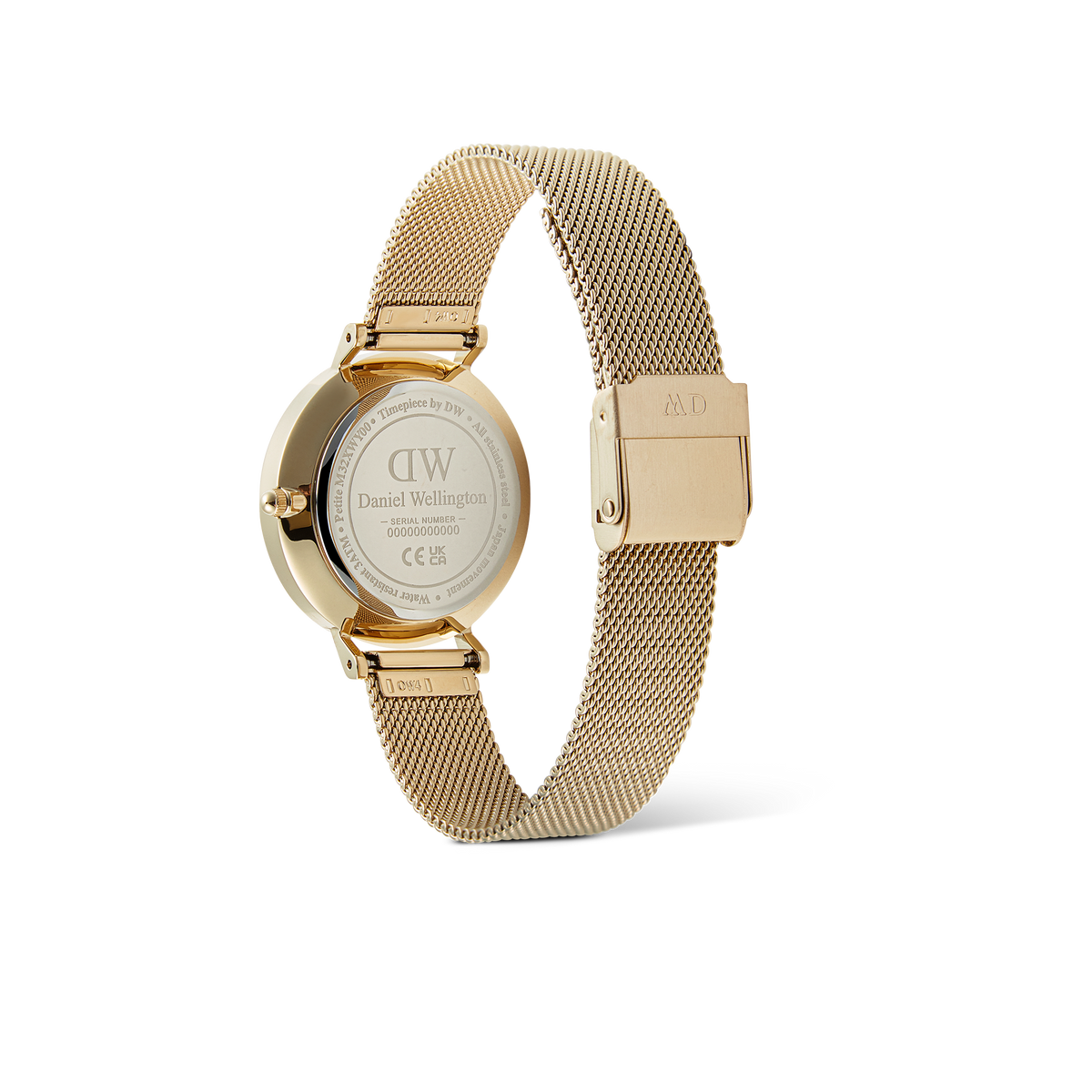 Back view of the Petite Lune Evergold ladies gold watch showing the engraved stainless steel case, adjustable gold mesh strap, and secure clasp, highlighting the craftsmanship and attention to detail.