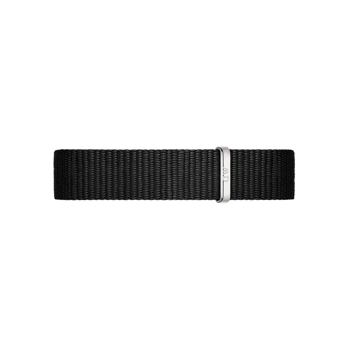 Cornwall Strap Silver features a sleek all-black NATO style polyester watch strap with a silver buckle, showcasing its minimalist design and durable woven texture.