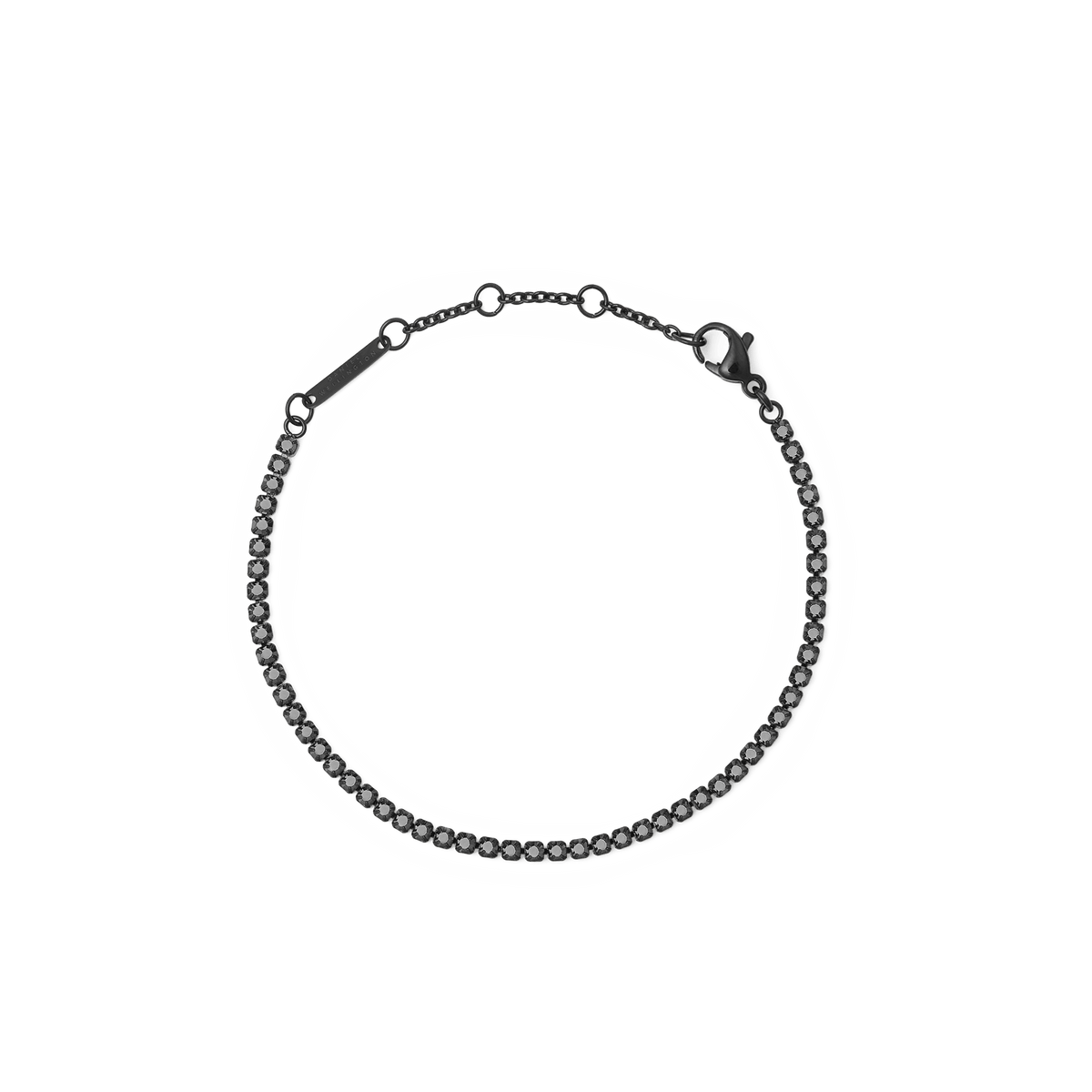 Black Crystal Tennis Bracelet featuring a sleek black stainless steel chain with claw-set Preciosa black crystals and adjustable sizing rings for a comfortable fit.