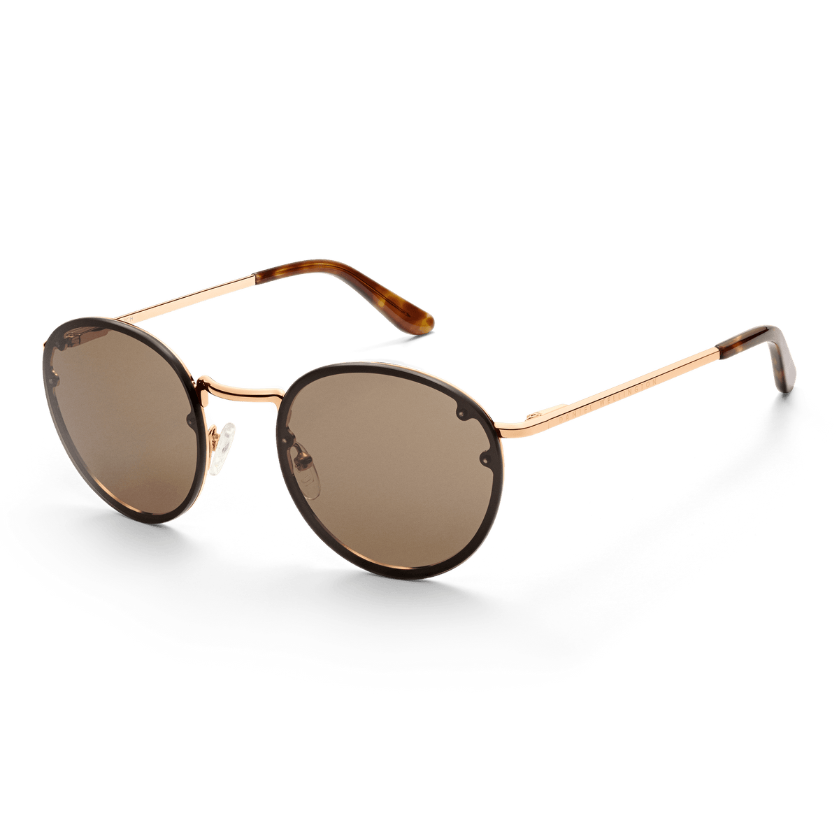 Arch Steel Brown Rose Gold sunglasses with round brown UV400 nylon lenses, rose gold plated stainless steel frame, and tortoiseshell acetate temple tips, shown at a slight angle to highlight the minimalist design and adjustable nose pads.