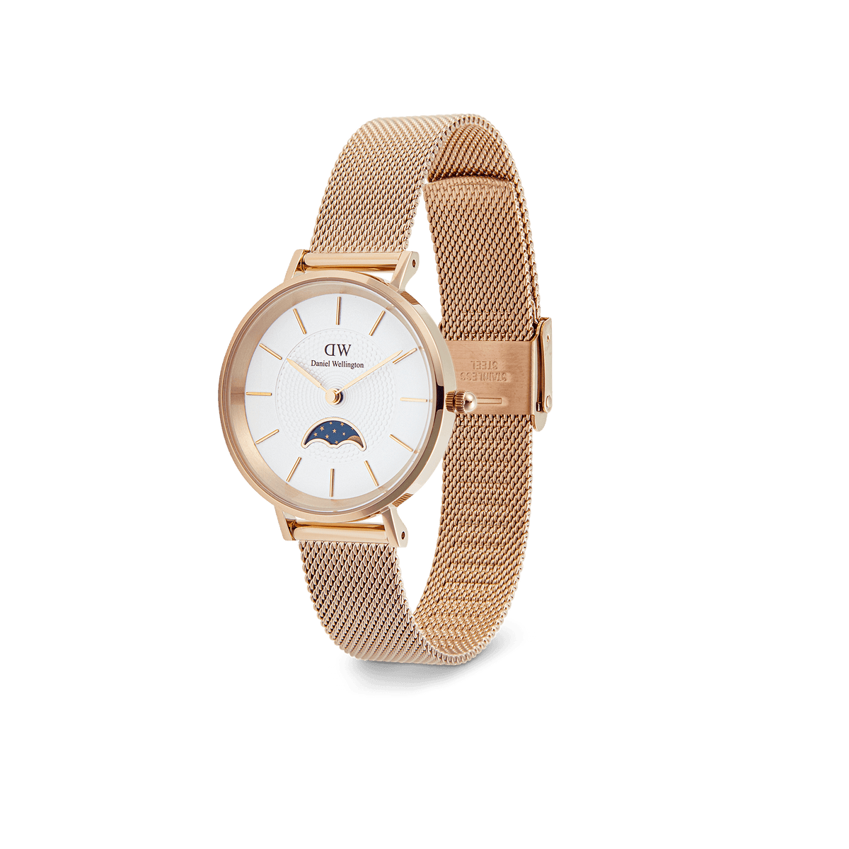 Petite Lune Melrose watch featuring a rose gold mesh strap, white dial, and moon-phase sub-dial, designed for women seeking a blend of elegance and everyday practicality.