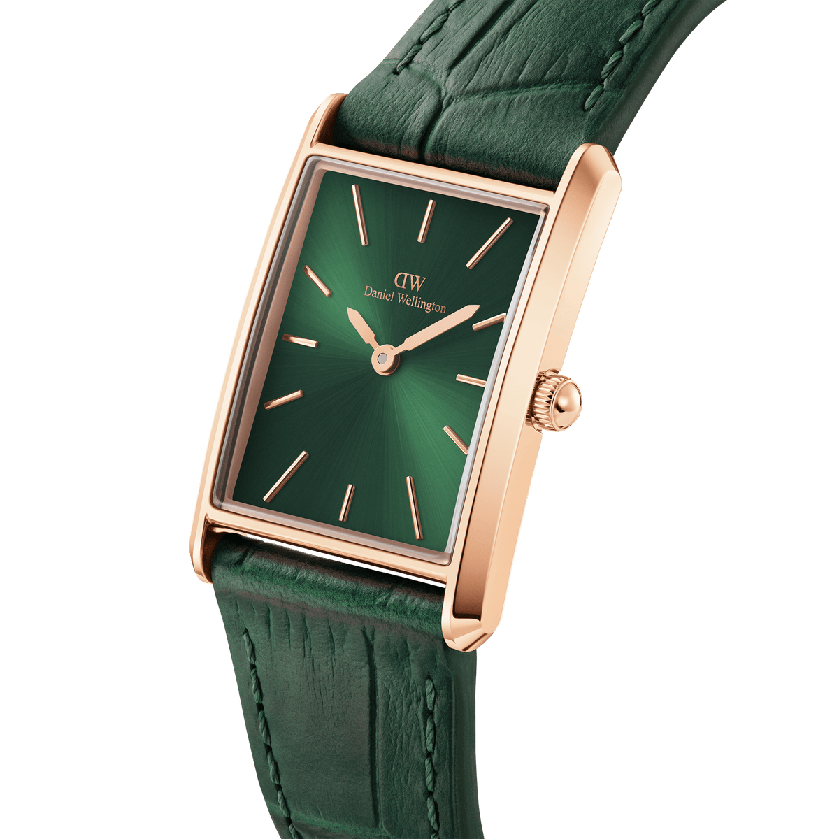 Bound Crocodile Emerald Sunray Rose Gold watch featuring a rectangular rose gold case, emerald green sunray dial, and crocodile-embossed leather strap, shown in a close-up angled view highlighting its premium finish and minimalist design.