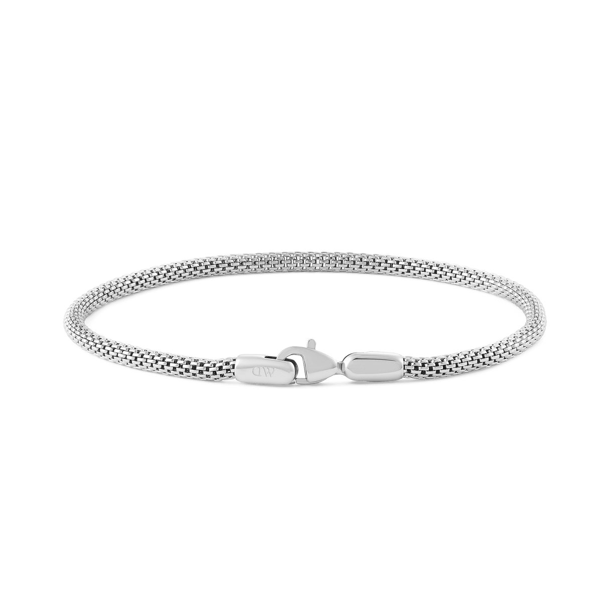 Slim silver mesh bracelet with a lobster clasp, featuring a minimalist design and a refined sterling finish suitable for both men and women.