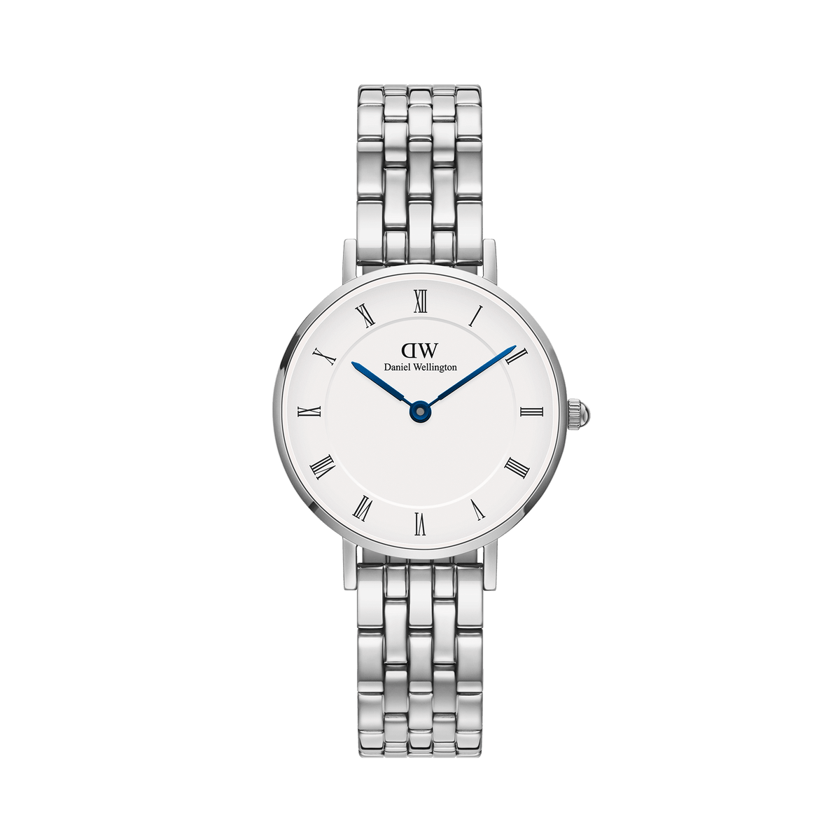 Petite Roman Numerals 5-Link Silver watch featuring a white dial with Roman numerals, blue steel hands, and a polished five-link stainless steel bracelet, designed for a refined and comfortable fit.