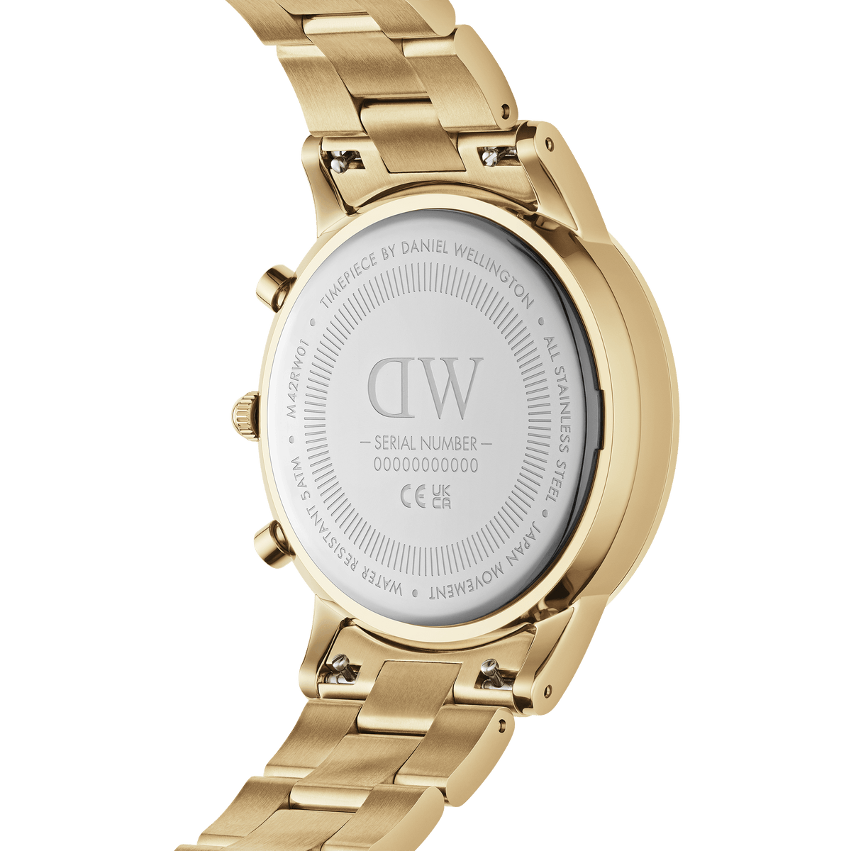 The back view of the Iconic Chronograph Link Onyx G men's watch shows the engraved stainless steel case, gold bracelet links, and water resistance marking, highlighting its robust build and attention to detail.