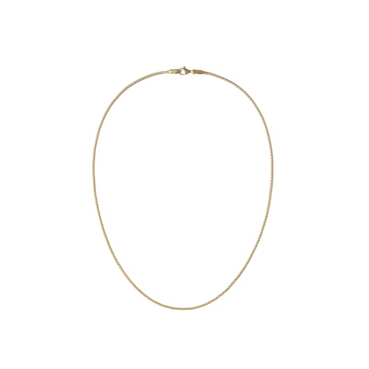Slim gold mesh necklace with a polished finish, featuring a delicate chain and secure lobster clasp, designed to sit comfortably at the collarbone for a refined, modern look.
