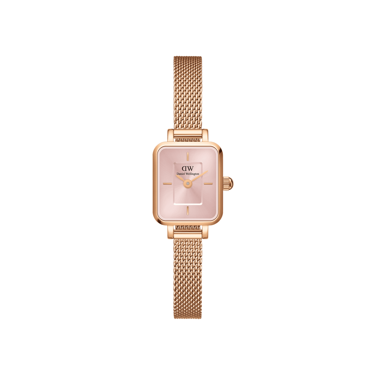 Quadro Mini Melrose Blush ladies watch featuring a petite rectangular rose gold case, soft pink dial, and a slim rose gold mesh strap, designed for small wrists and everyday elegance.