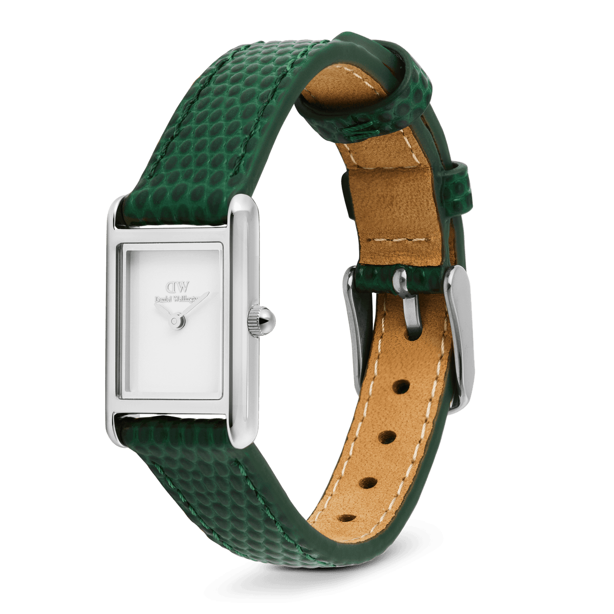 Bound Mini Green Lizard Silver watch with a slim rectangular silver case, minimalist white dial, and a textured green leather strap featuring a pin buckle closure and tan leather lining.