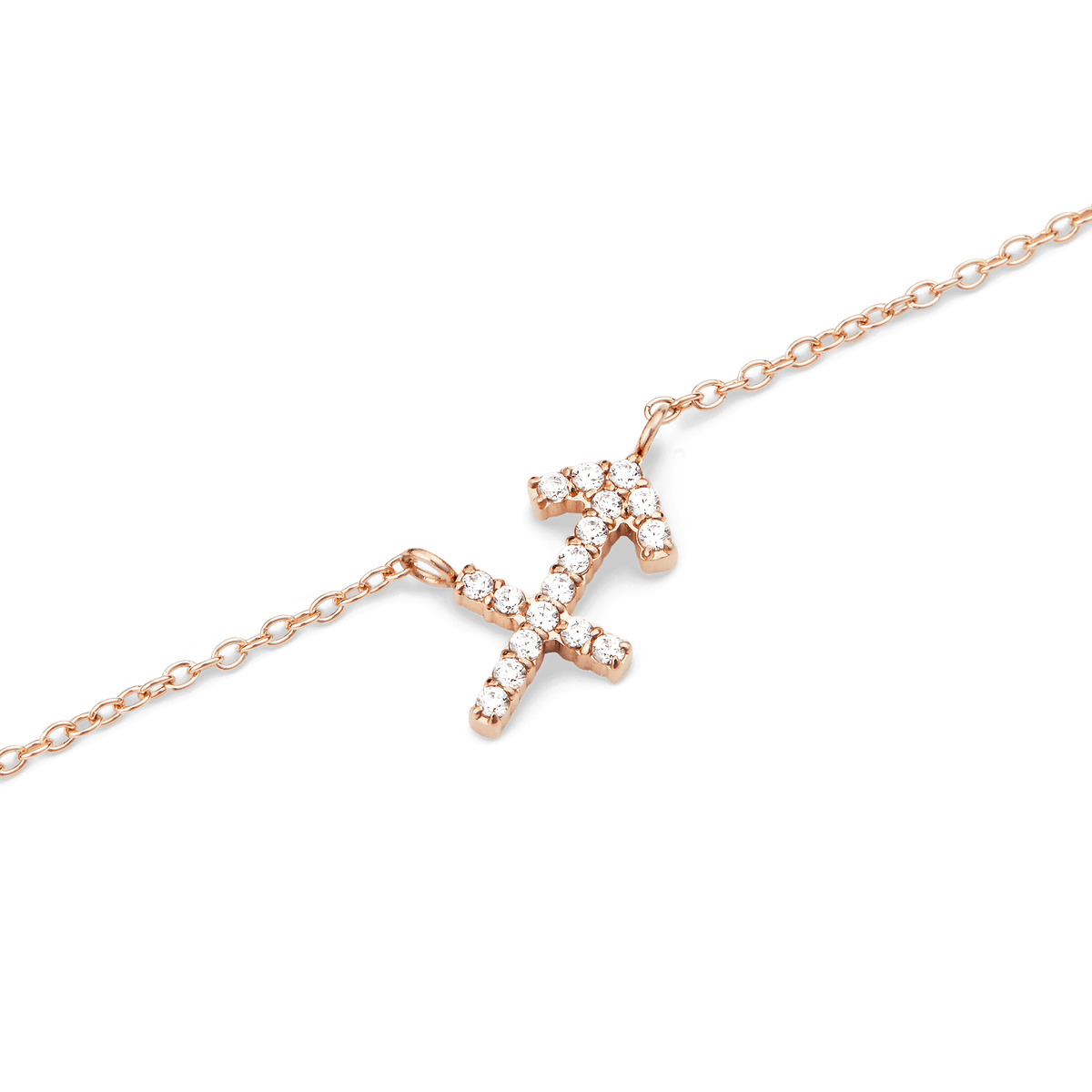 Crystal Zodiac Chain Necklace Rose Gold featuring a Sagittarius arrow pendant set with sparkling crystals on a delicate rose gold chain.