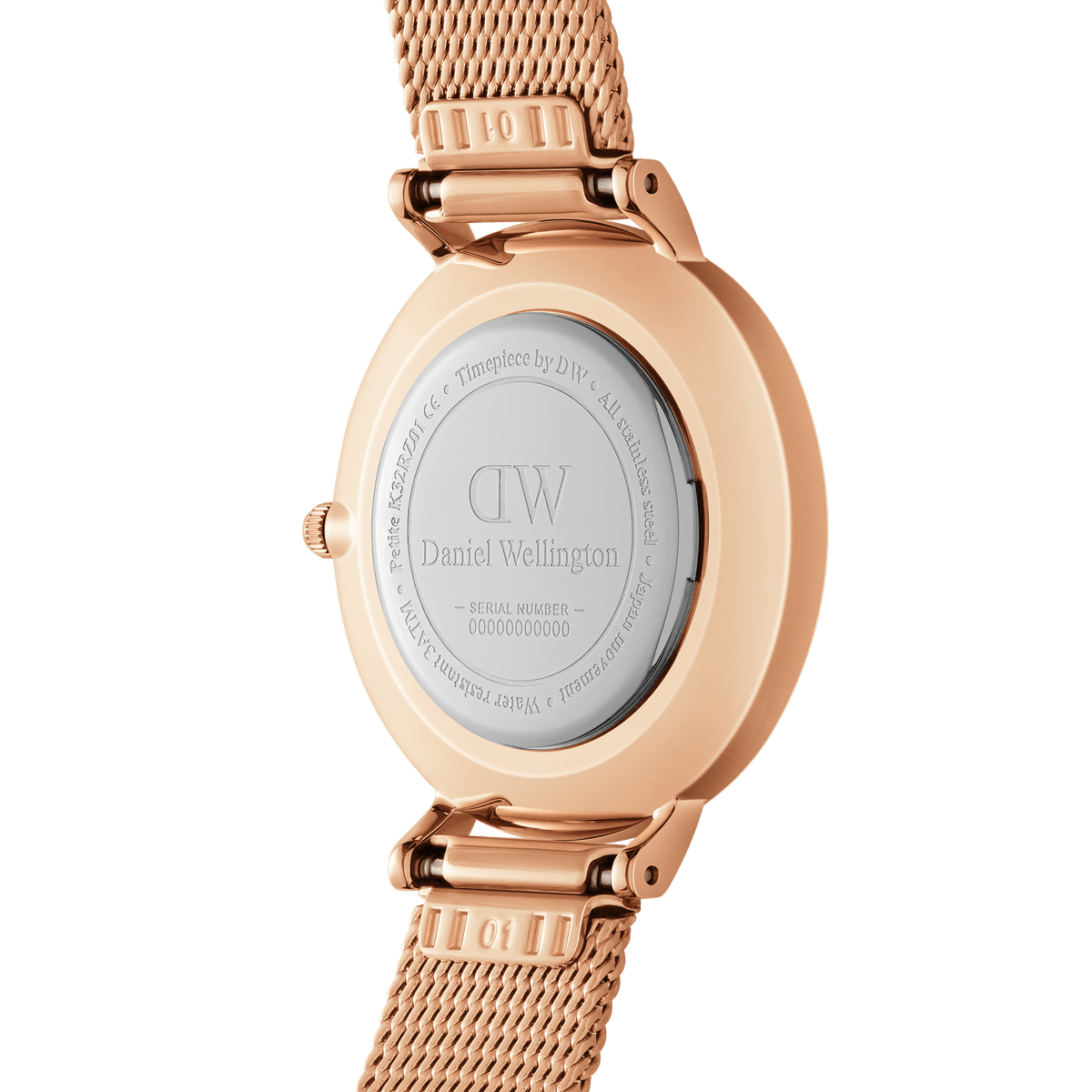 Back view of the Petite Roman Numerals Melrose ladies watch, showing the engraved case back, rose gold mesh strap, and secure clasp detail.