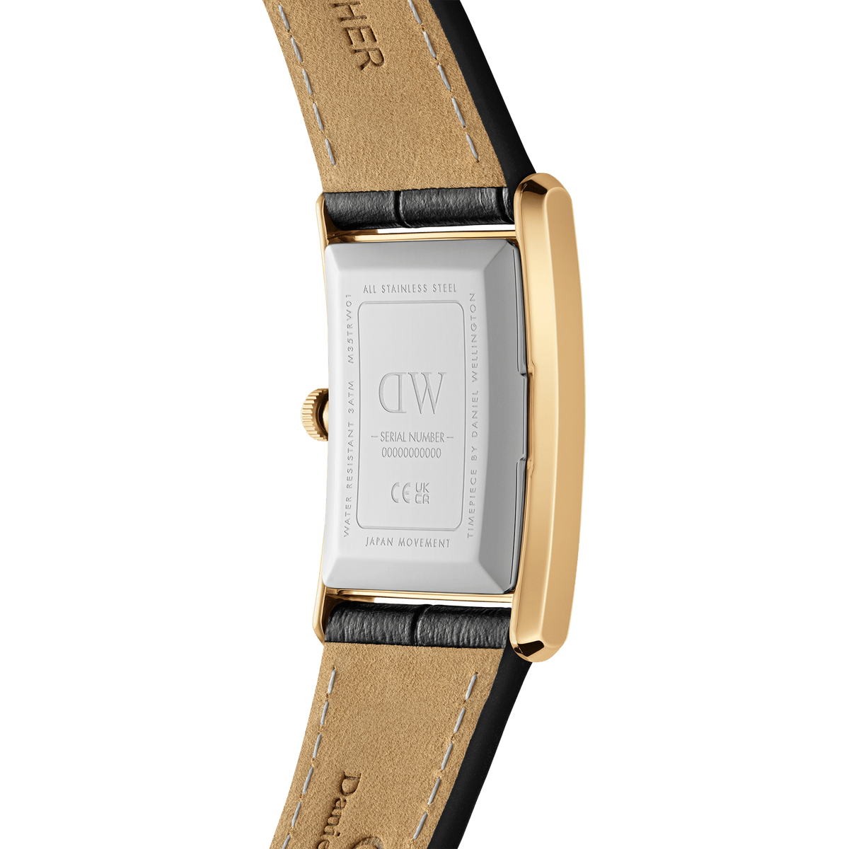 Close-up of the back of the Daniel Wellington Bound Black Crocodile Gold watch, highlighting the stainless steel case, gold edges, and premium black crocodile-embossed leather strap with beige lining.