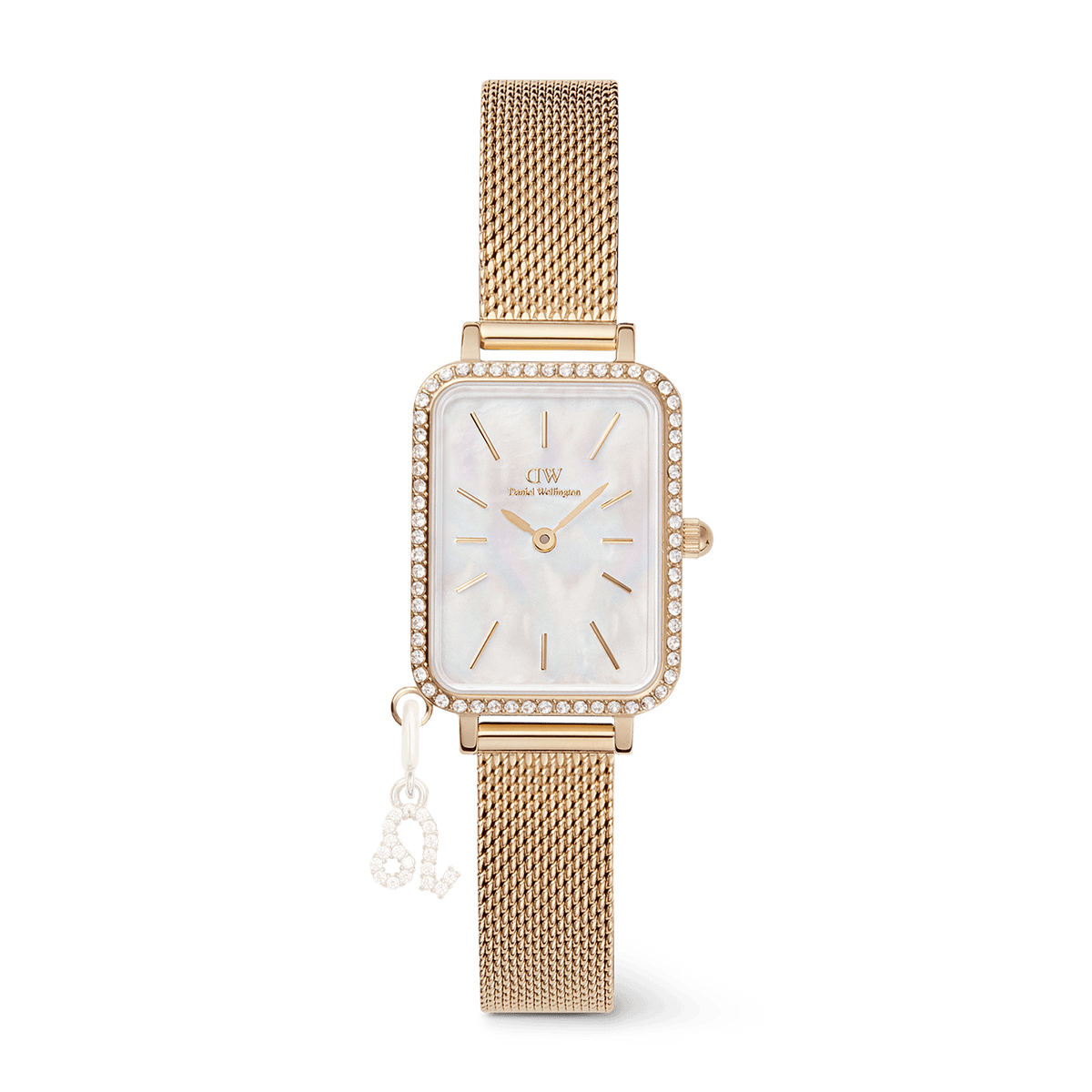 Quadro Crystal Zodiac Evergold gold watch for women with a slim rectangular case, crystal-framed bezel, mother of pearl dial, and a gold mesh strap featuring an interchangeable zodiac charm.