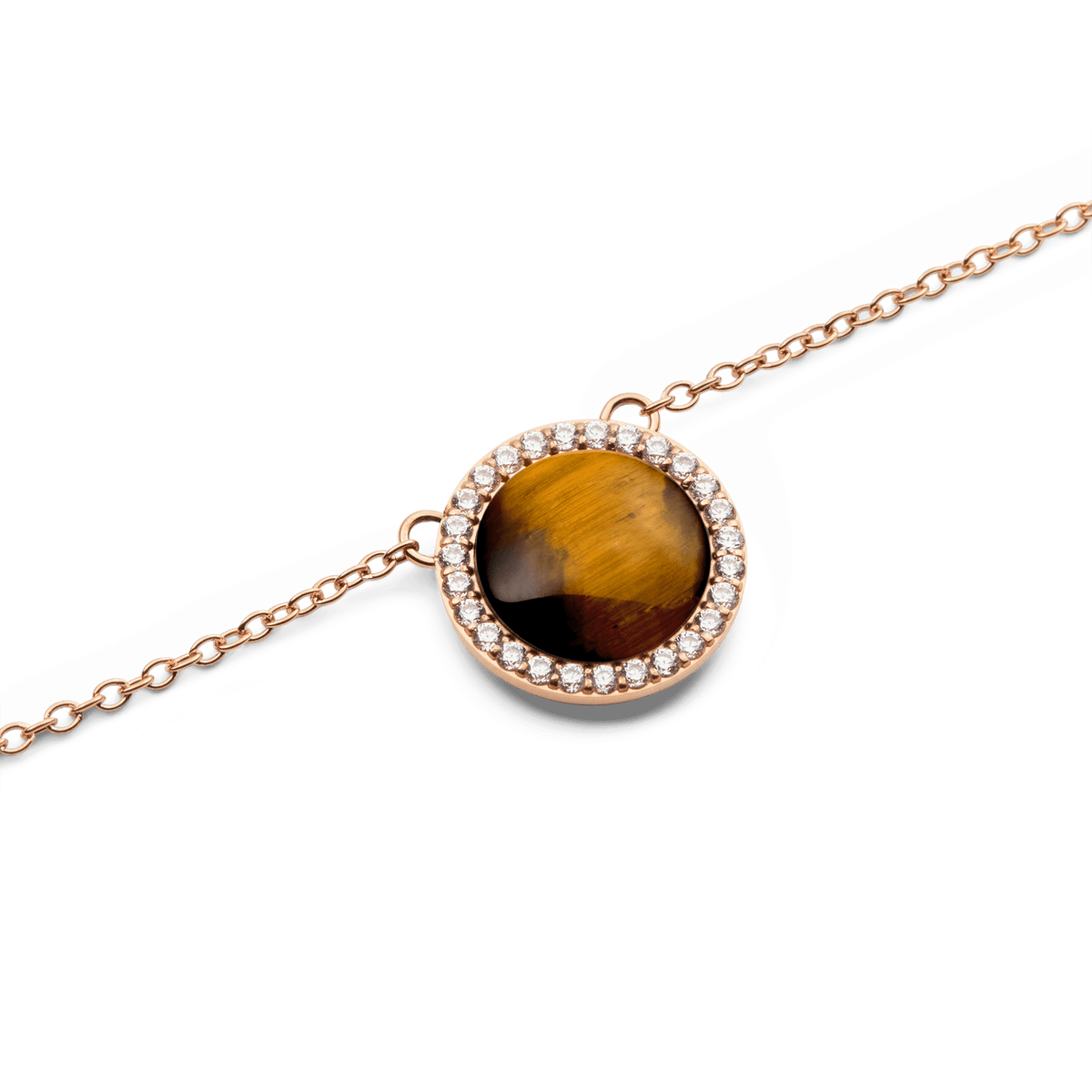 Close-up of the Audrey Necklace Tiger Eye Rose Gold pendant, featuring a domed tiger eye stone surrounded by a halo of white cubic zirconia crystals on a fine rose gold chain.