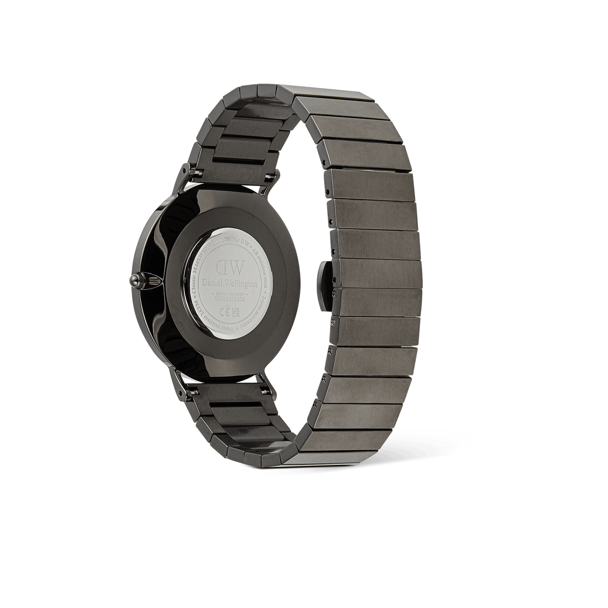 Rear view of the Classic Piano Link Graphite Unitone, highlighting the brushed stainless steel piano link bracelet, butterfly clasp, and engraved case back.