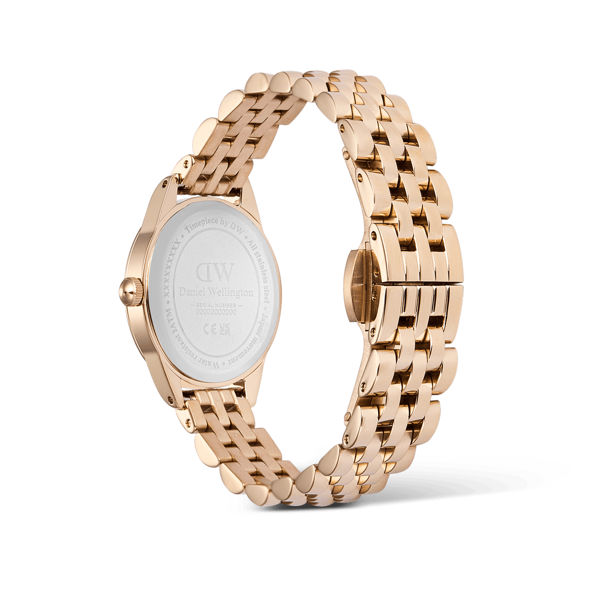 Back view of the Ophelia Mini Emerald Rose Gold watch showing the engraved stainless steel case back, rose gold beans link bracelet, and butterfly clasp.