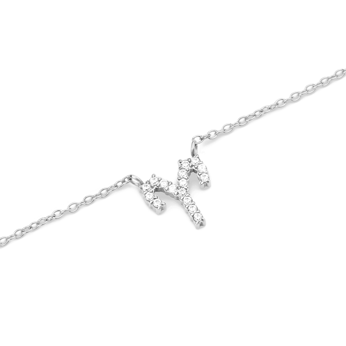 A delicate silver chain necklace featuring an Aquarius zodiac pendant, crafted in silver and set with sparkling crystals for a refined, minimalist look.