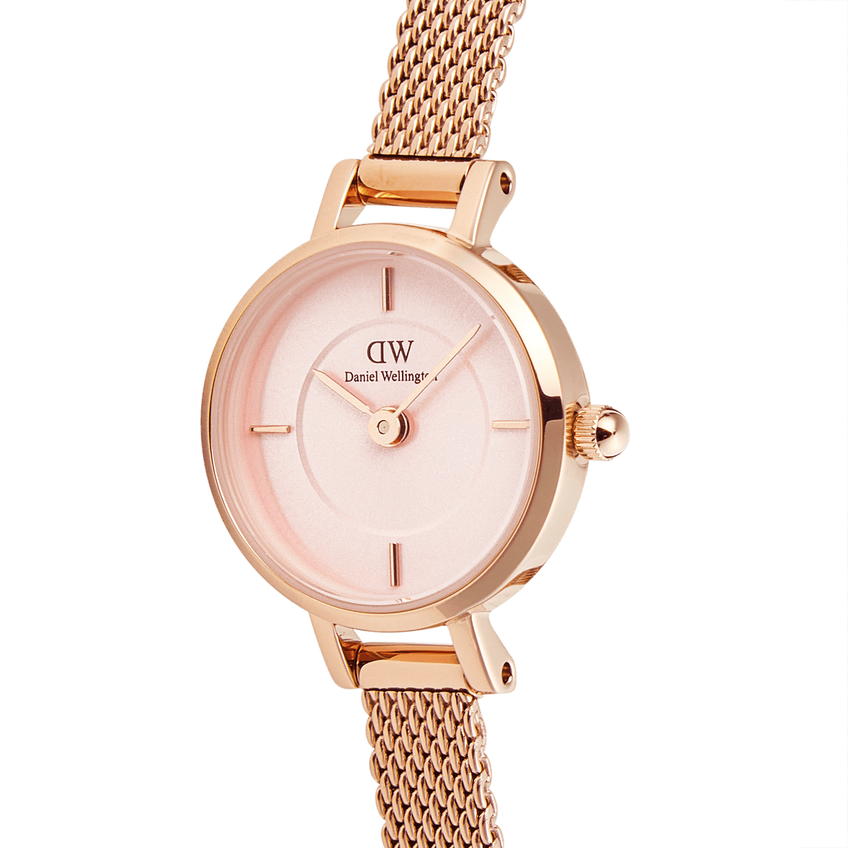 Rose gold Petite Mini Blush Melrose watch with a blush pink sunray dial, slim mesh strap and minimalist hour markers, showcasing its refined and elegant design.