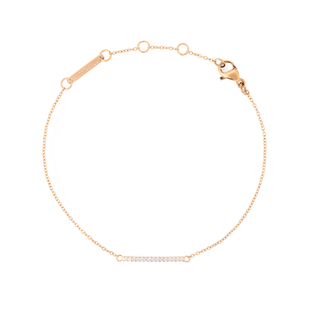 Delicate Mirelle Eternity Bracelet Rose Gold featuring a slim rose gold chain and a bar set with white cubic zirconia crystals, shown with an adjustable clasp for versatile styling.