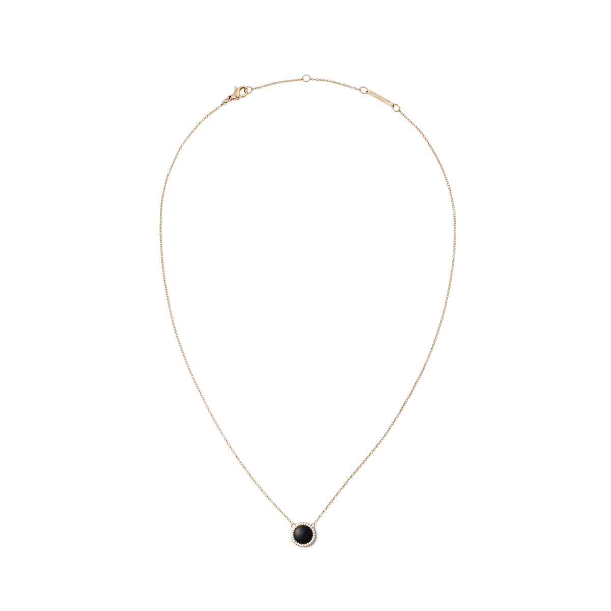 Rose gold necklace with a fine adjustable chain featuring a round black agate pendant framed by white cubic zirconia crystals, designed for a minimal and elegant look.