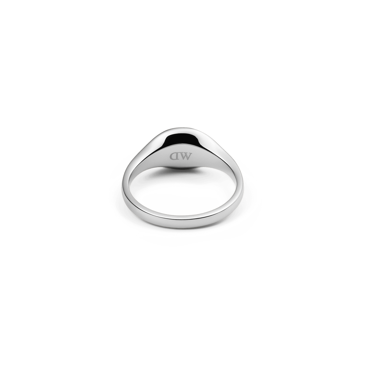 Classic Mini Signet Ring Silver shown from the inside, highlighting the smooth inner band and polished stainless steel finish with a discreet engraved detail.