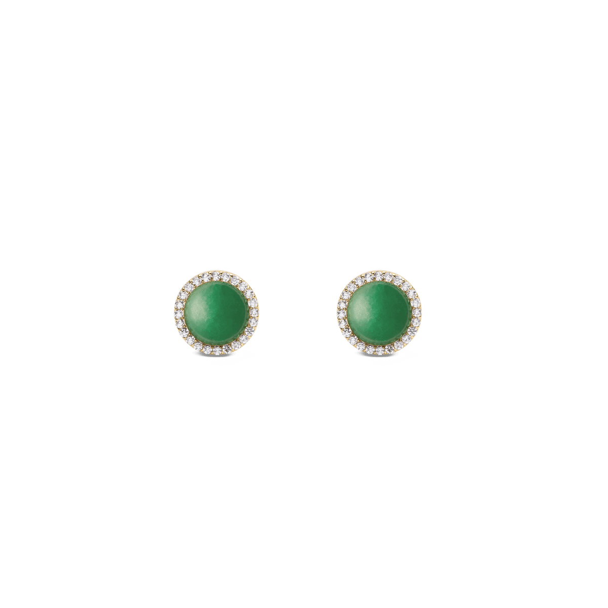 A pair of Daniel Wellington Audrey Earrings Jade Gold featuring round green jade stones set in gold with a halo of sparkling white crystals, designed as elegant stud earrings.