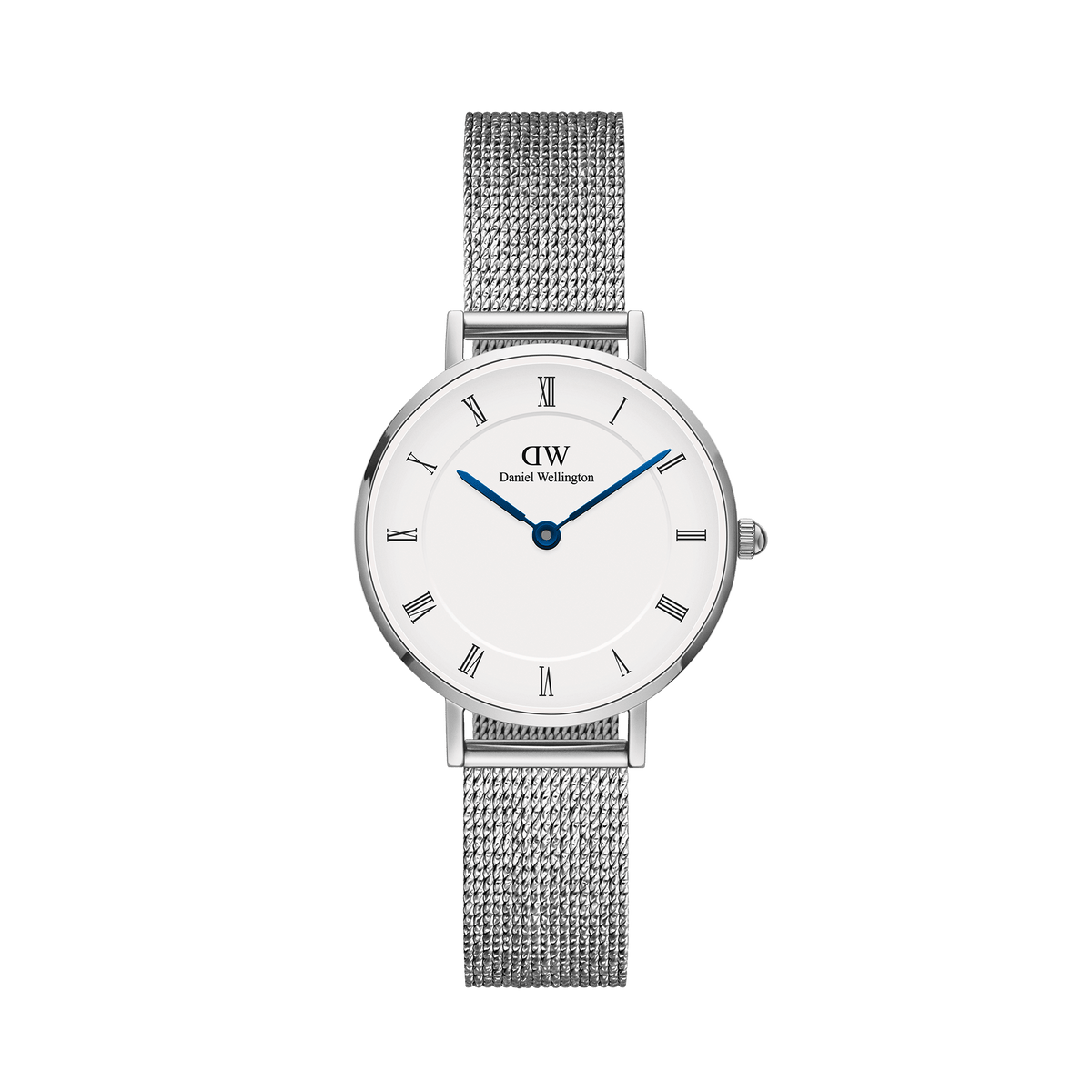 Petite Roman Numerals Sterling ladies watch with a white dial, Roman numerals, blue steel hands, and an adjustable silver mesh strap, crafted from stainless steel for a refined and comfortable fit.