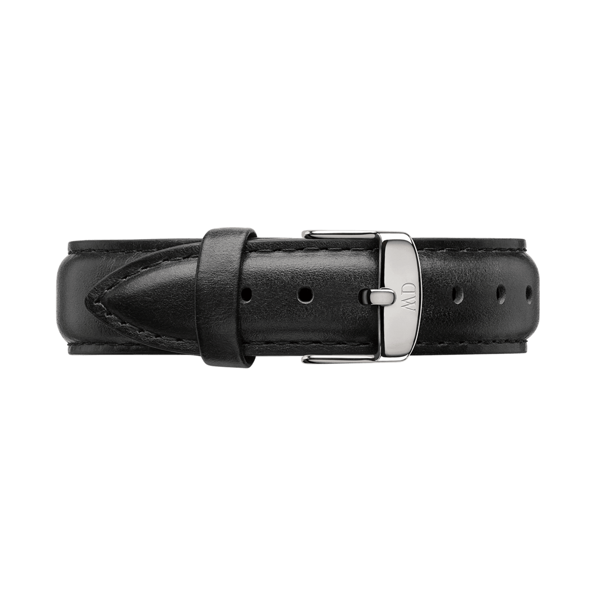 Sheffield Strap Silver crafted from smooth black leather with neat stitching and a polished silver buckle, designed to fit a variety of watch faces for a refined, timeless look.