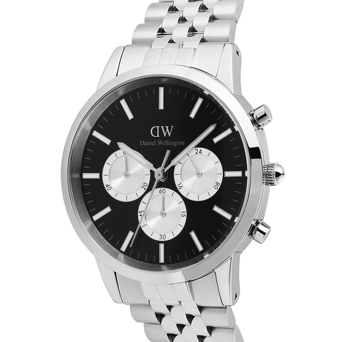 Iconic Chronograph Arch 5-Link Onyx Panda Silver men's watch with a 42mm stainless steel case, black dial, white sub-dials, and a polished five-link bracelet, shown in a close-up angled view.