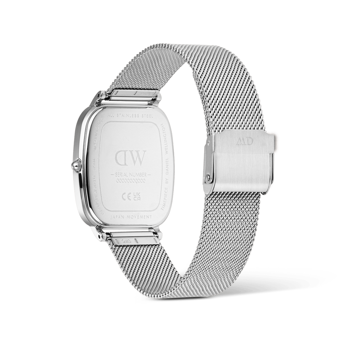 Rear view of the Marlon Sterling Linen watch showing the engraved stainless steel case back, adjustable silver mesh strap, and secure clasp buckle.