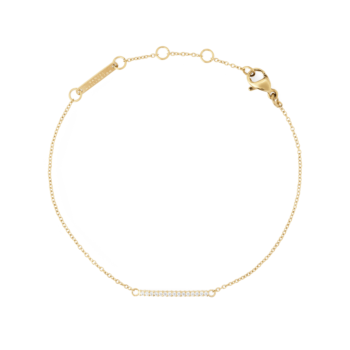Slim gold Mirelle Eternity Bracelet featuring a fine adjustable chain and a delicate bar set with sparkling white cubic zirconia stones, designed for a subtle and elegant look.