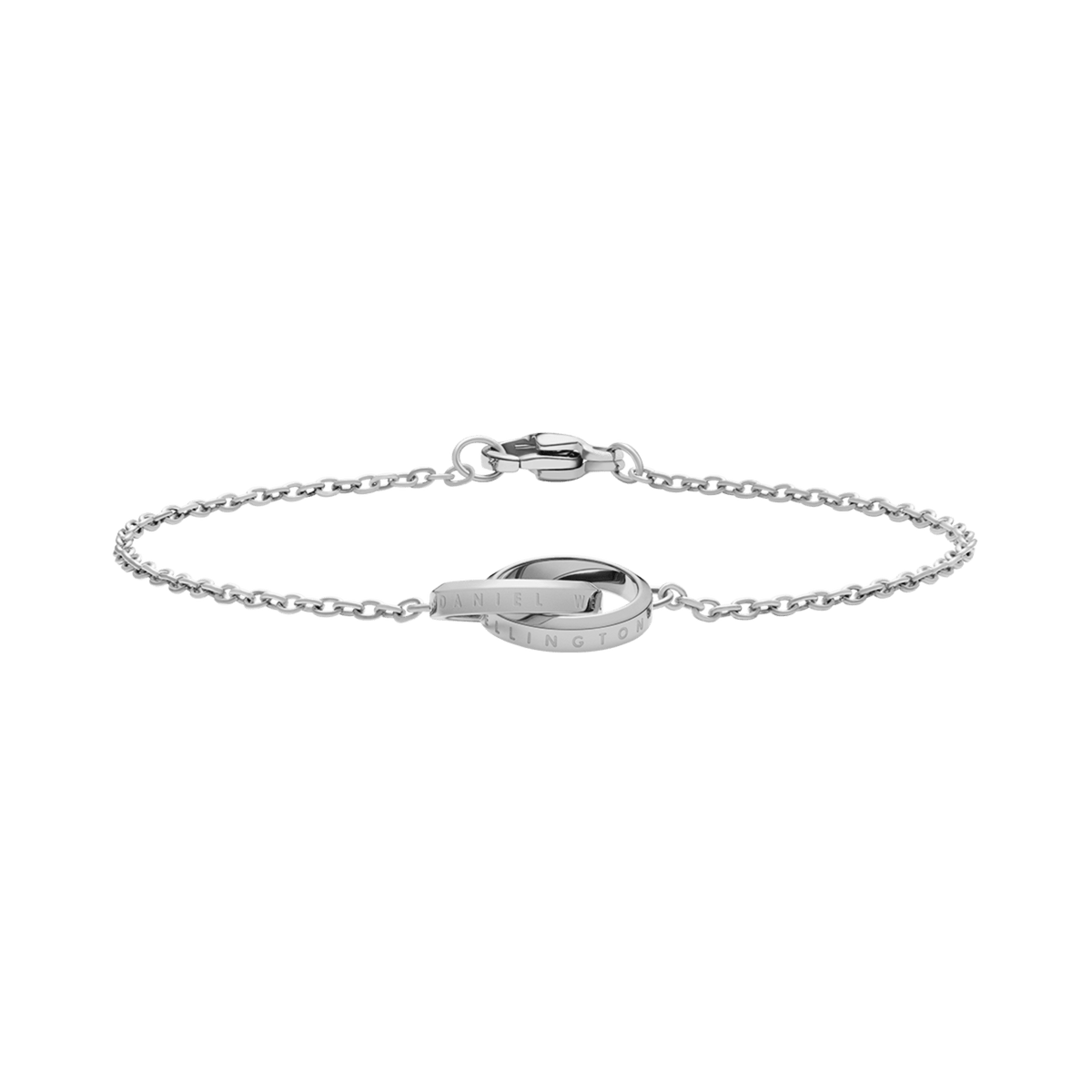 Elan Unity Bracelet Silver with two interlocking rings on a fine silver chain, featuring a polished stainless steel finish and a secure clasp for comfortable, everyday wear.